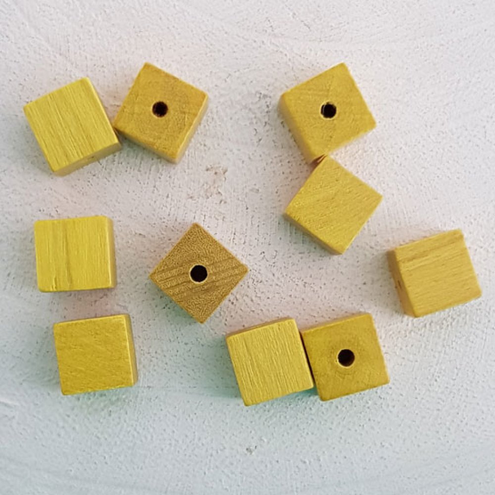 10 Houten Kralen Kubus / Vierkant 10 mm Geel