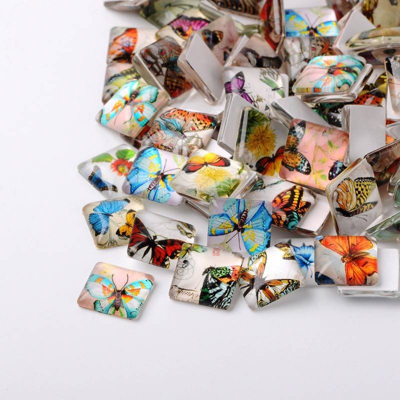 10 glazen cabochons vierkant 25mm assorti Vlinders N001-25 