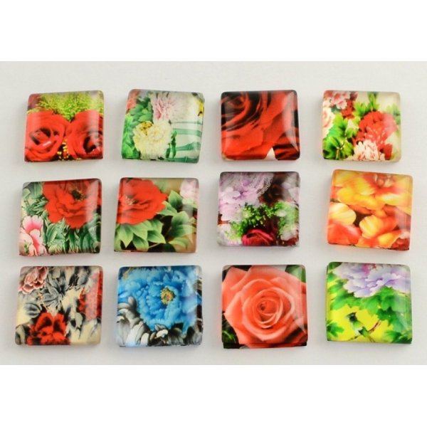 10 glazen cabochons vierkant 20 mm geassorteerd Bloemen S-22-20-17