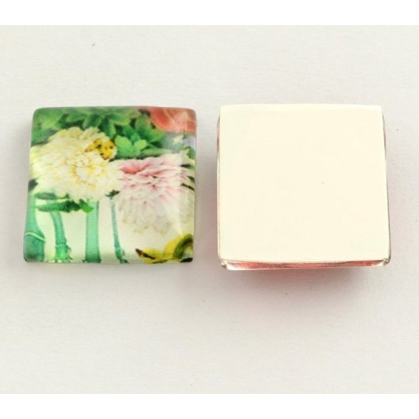 10 glazen cabochons vierkant 20 mm geassorteerd Bloemen S-22-20-17