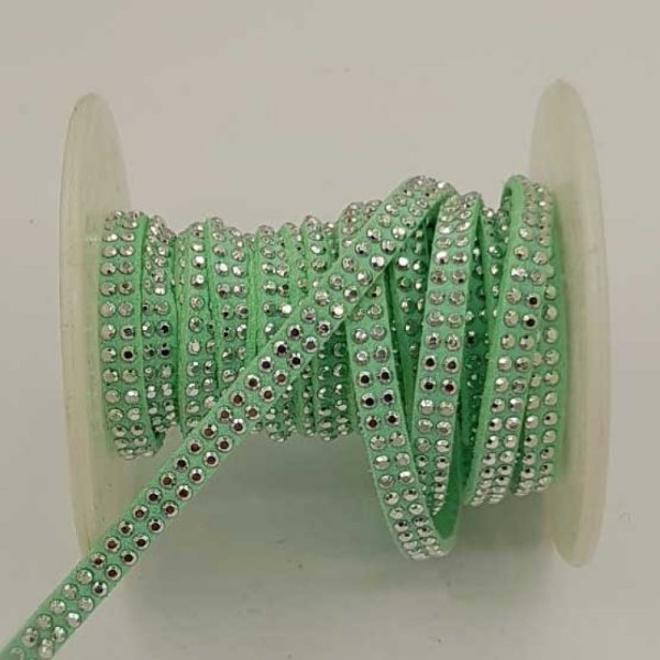 1 M Ruban su&eacute;dine vert strass Argent double rang&eacute;e