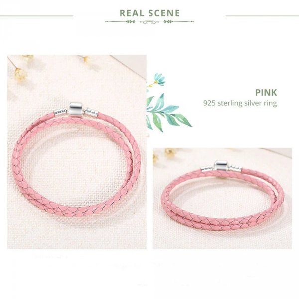 Bracelet Double Cuir Tress&eacute; Rose 38 cm Fermoir Clip Argent 925