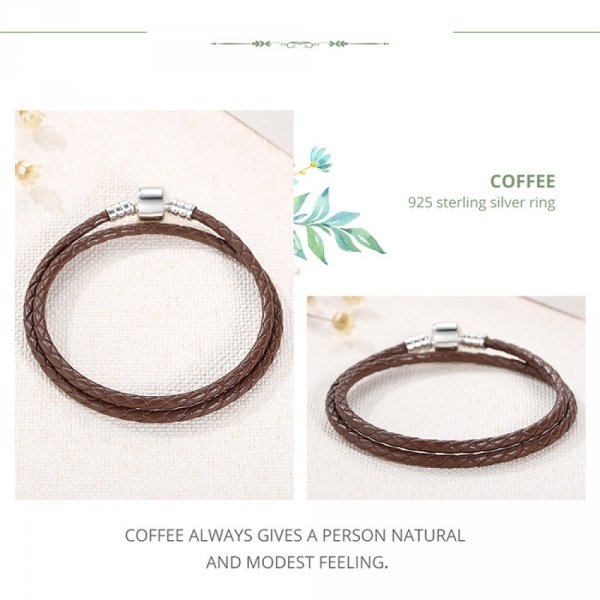 Bracelet Double Cuir Tress&eacute; Caf&eacute; 38 cm Fermoir Clip Argent 925