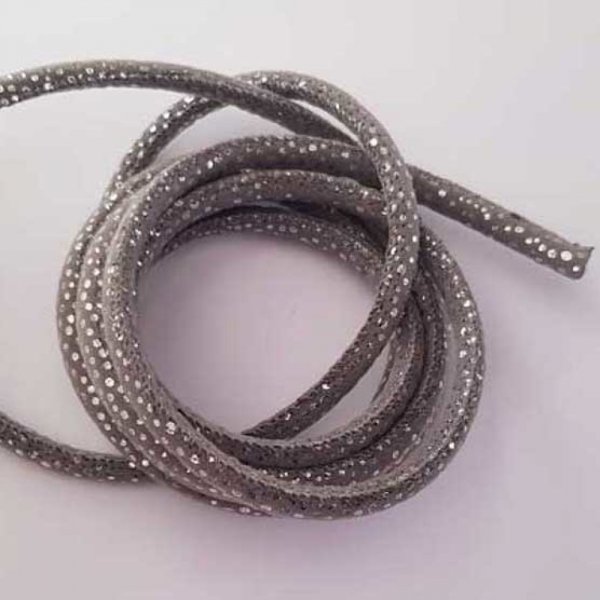 Cordon Rond 6 mm Gris et Petits Pois Argent&eacute;.
