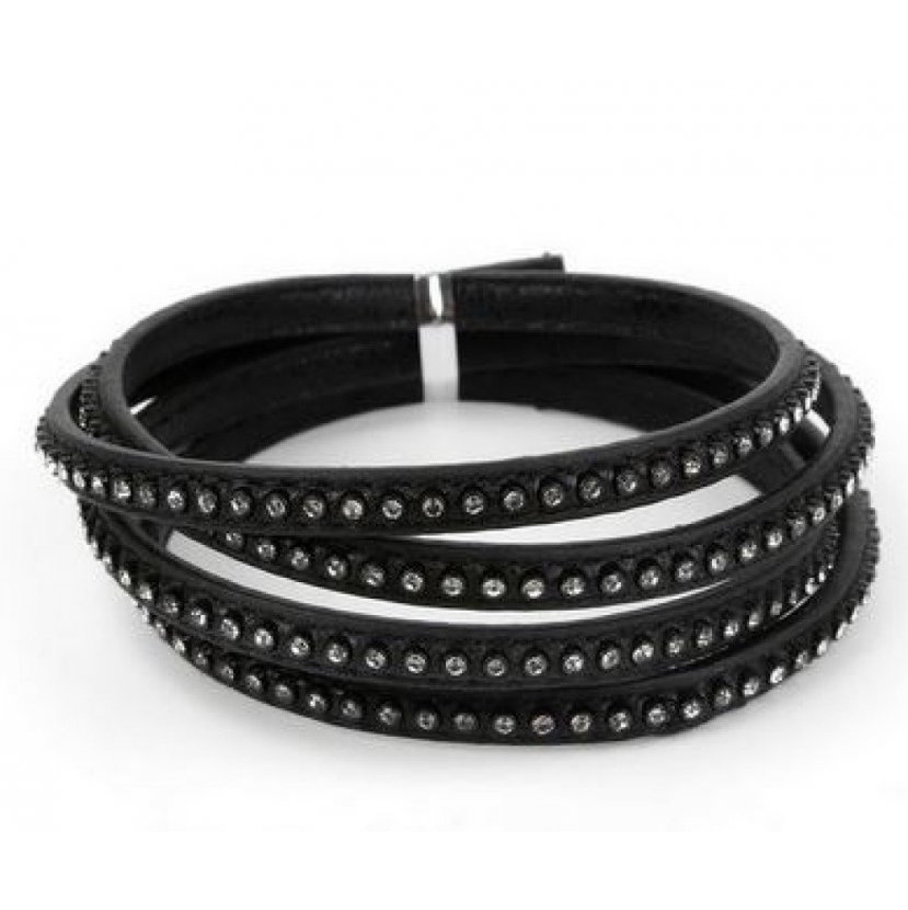 Leer 06 mm Zwart ingelegd met strass steentjes 1 meter