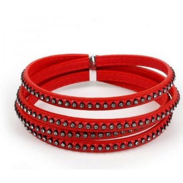 Leer 06 mm Rood ingelegd met strass steentjes 1 meter