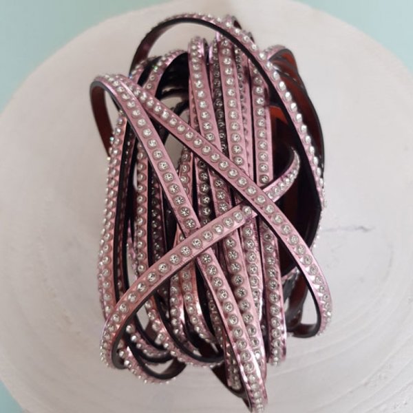 Leder Spiegel Roze Metaal 06 mm Swarovski Strass per 20 cm