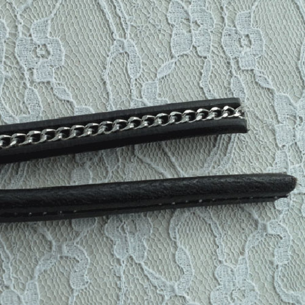 10 mm zwart Regaliz leer met zilveren ketting per 20 cm