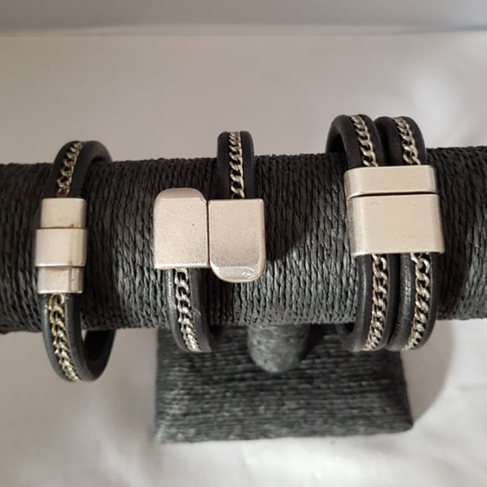 10 mm zwart Regaliz leer met zilveren ketting per 20 cm