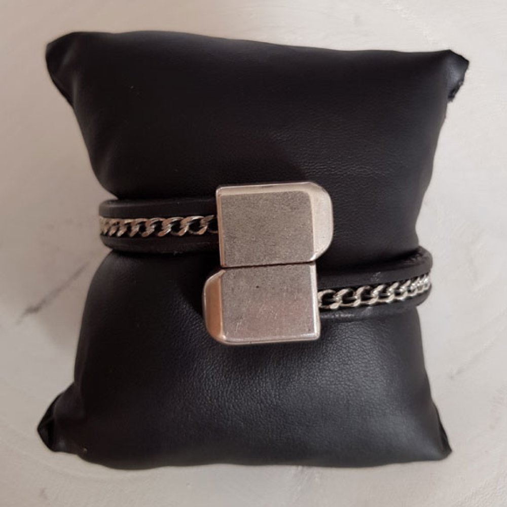 10 mm zwart Regaliz leer met zilveren ketting per 20 cm
