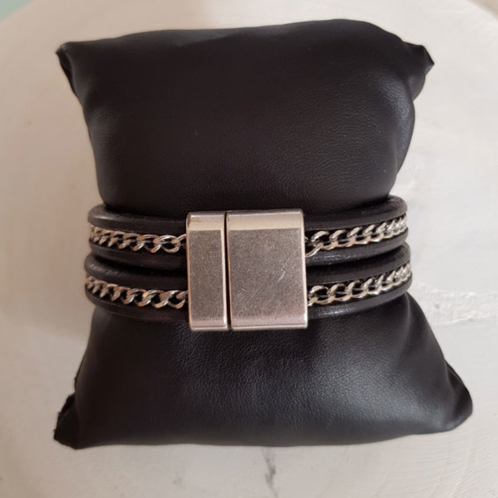 10 mm zwart Regaliz leer met zilveren ketting per 20 cm