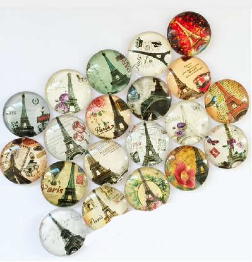 Lot 20 ronde glazen cabochons 25mm Eiffeltoren 02 gemengd Glazen cabochon 