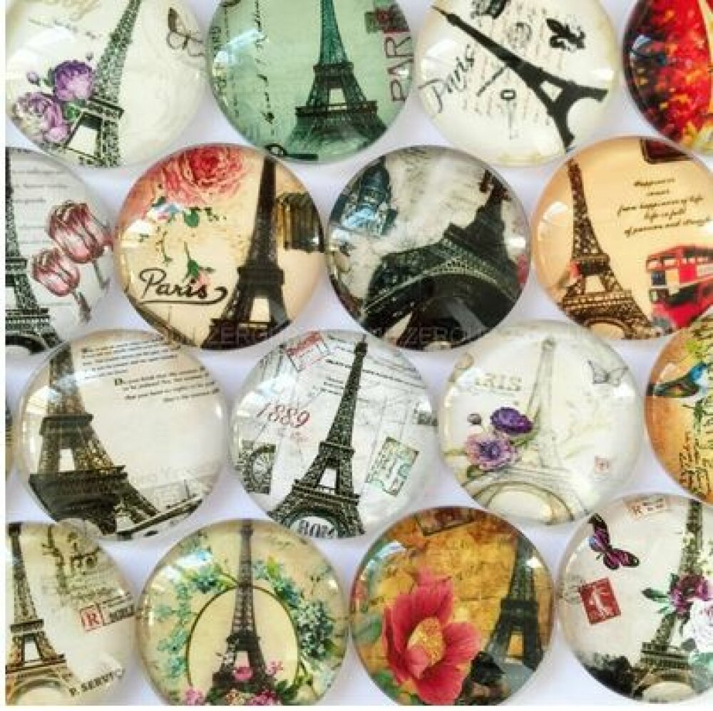 Lot 20 ronde glazen cabochons 25mm Eiffeltoren 02 gemengd Glazen cabochon 