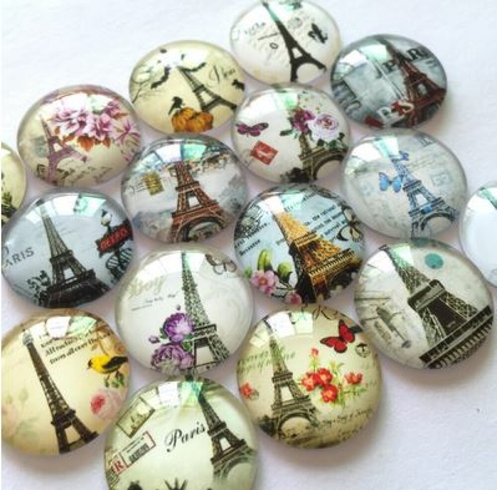 Lot 20 ronde glazen cabochons 25mm Eiffeltoren 02 gemengd Glazen cabochon 