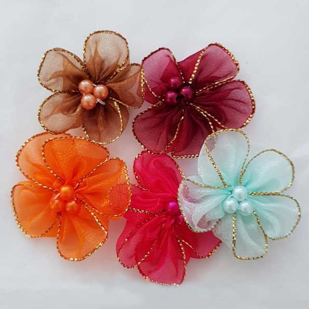 Lot 5 gekleurde bloemen Organza Stoffen N°01