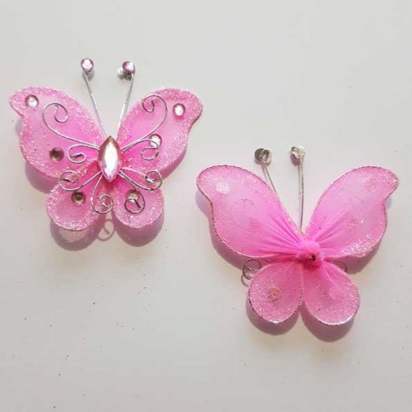 Lot de 2 Papillons Tissus et Strass Rose P&acirc;le