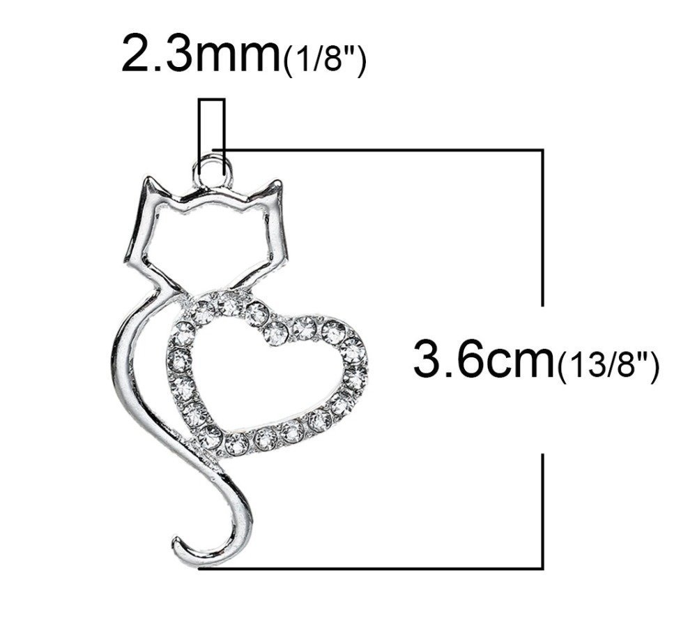 Set van 3 Zink Alloy Cat Charm N°06 Silver Heart Strass Clear 36 mm x 22 mm