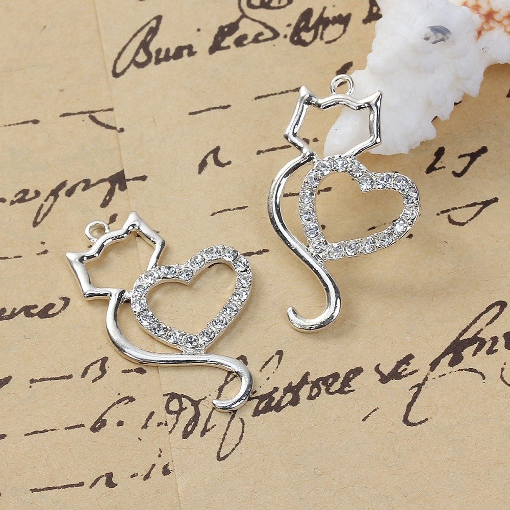 Set van 3 Zink Alloy Cat Charm N°06 Silver Heart Strass Clear 36 mm x 22 mm