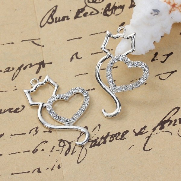 Set van 3 Zink Alloy Cat Charm N&deg;06 Silver Heart Strass Clear 36 mm x 22 mm