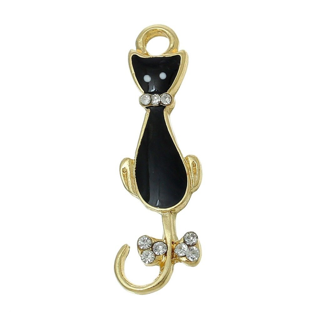 Set van 5 Kat Bedels N°08 Zwart Goud Kat Vlinder Strass Helder Email 36 mm x 11 mm