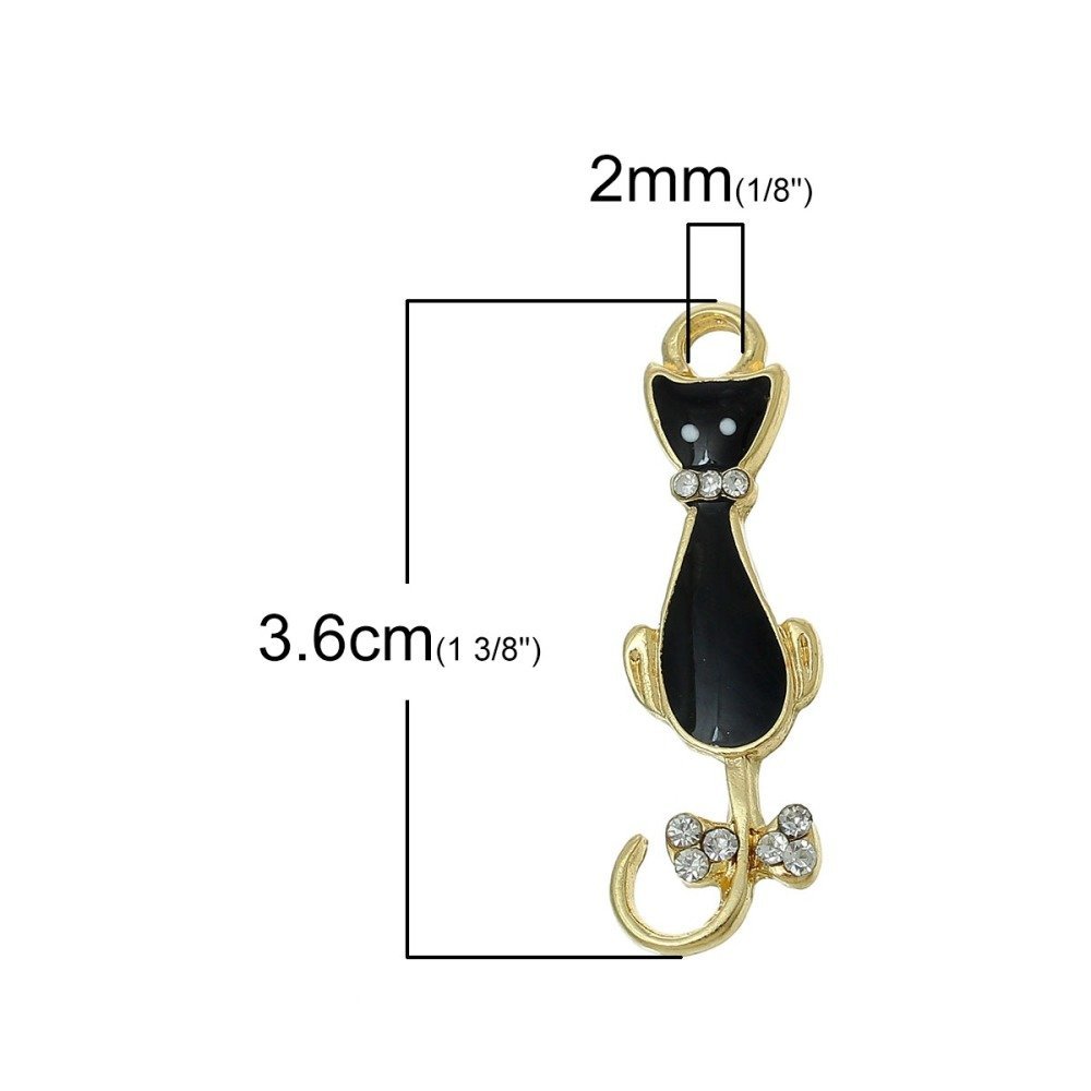 Set van 5 Kat Bedels N°08 Zwart Goud Kat Vlinder Strass Helder Email 36 mm x 11 mm