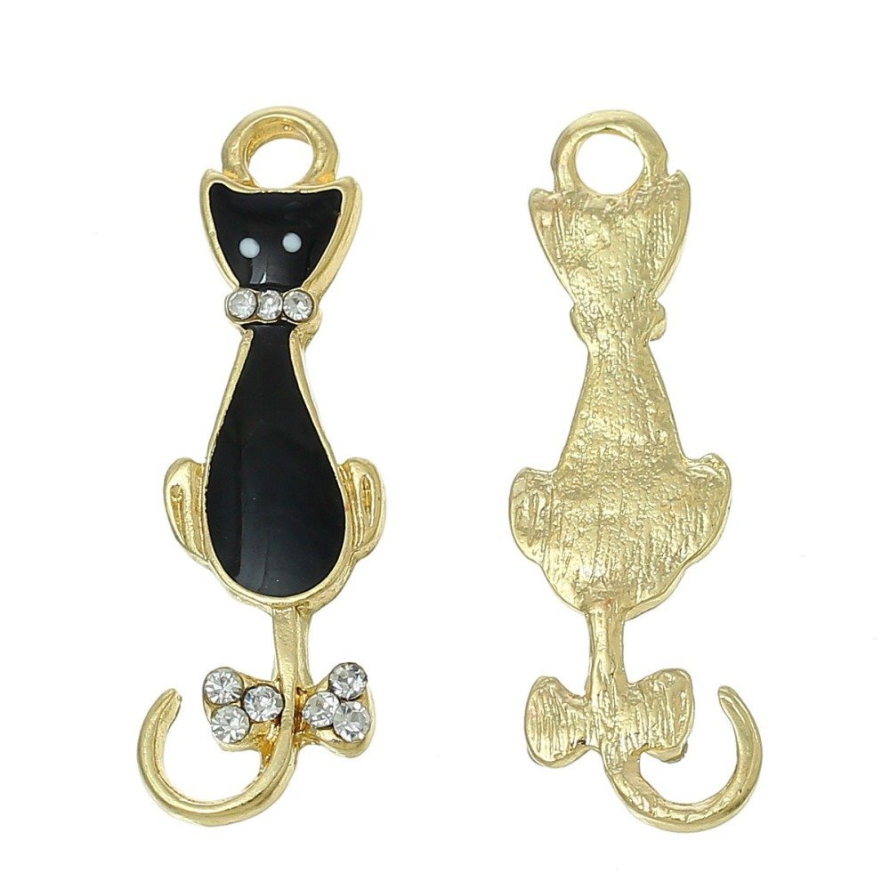 Set van 5 Kat Bedels N°08 Zwart Goud Kat Vlinder Strass Helder Email 36 mm x 11 mm
