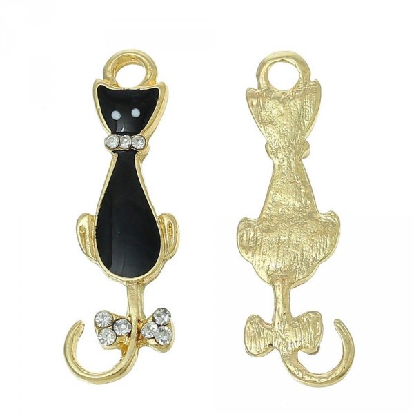 Set van 5 Kat Bedels N&deg;08 Zwart Goud Kat Vlinder Strass Helder Email 36 mm x 11 mm