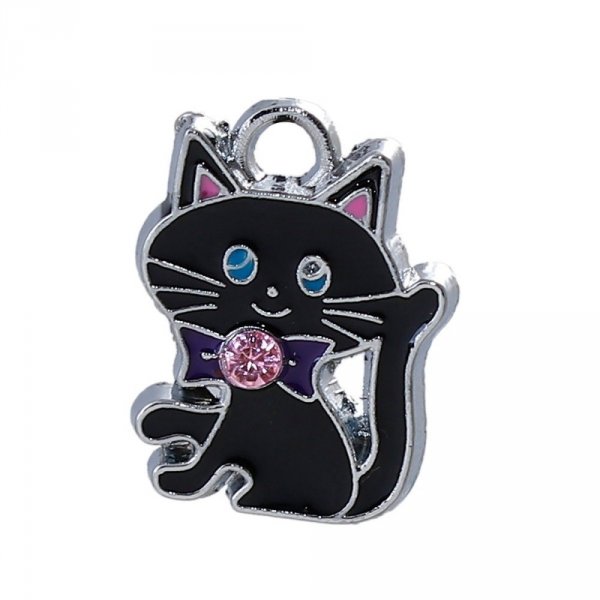Set van 5 Zink Alloy Cat Charm N&deg;07 Zilver Strass Email 19 mm x 14 mm
