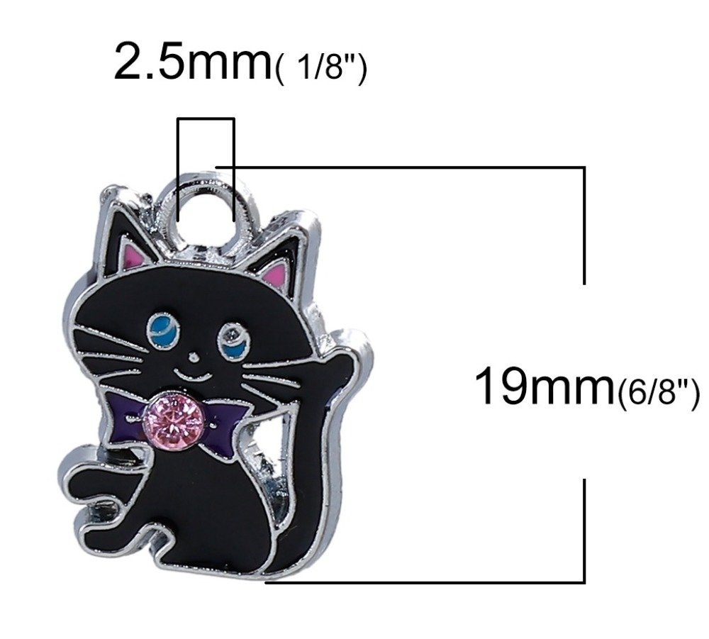 Set van 5 Zink Alloy Cat Charm N°07 Zilver Strass Email 19 mm x 14 mm
