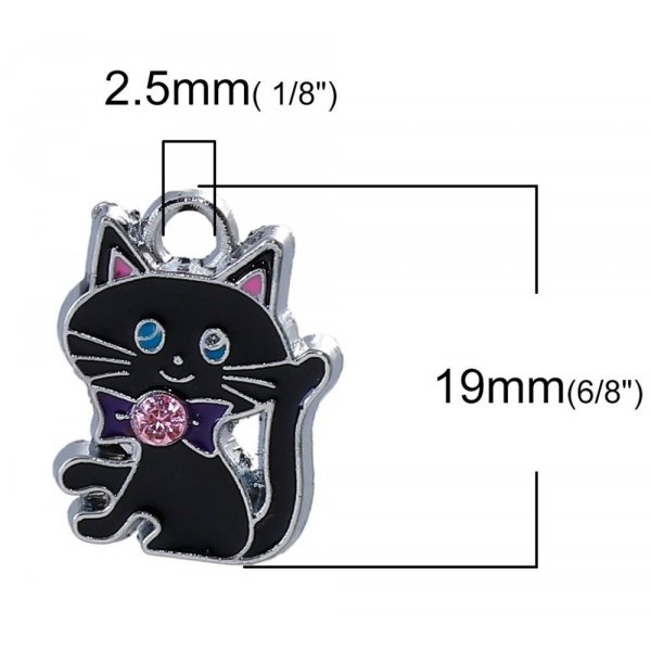 Set van 5 Zink Alloy Cat Charm N&deg;07 Zilver Strass Email 19 mm x 14 mm