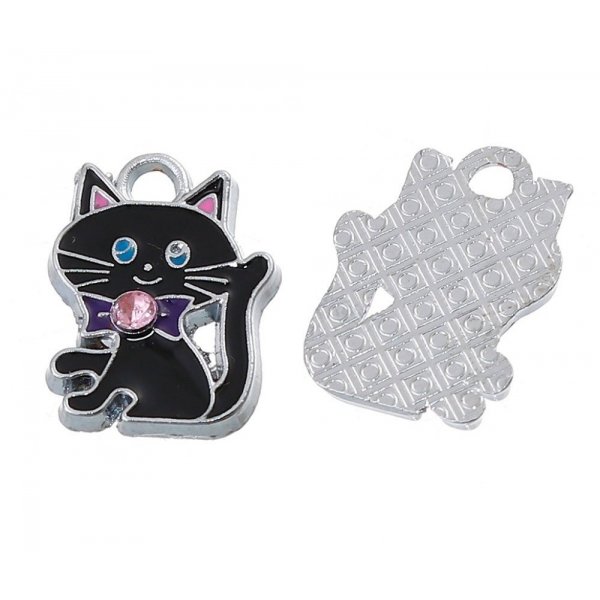 Set van 5 Zink Alloy Cat Charm N&deg;07 Zilver Strass Email 19 mm x 14 mm