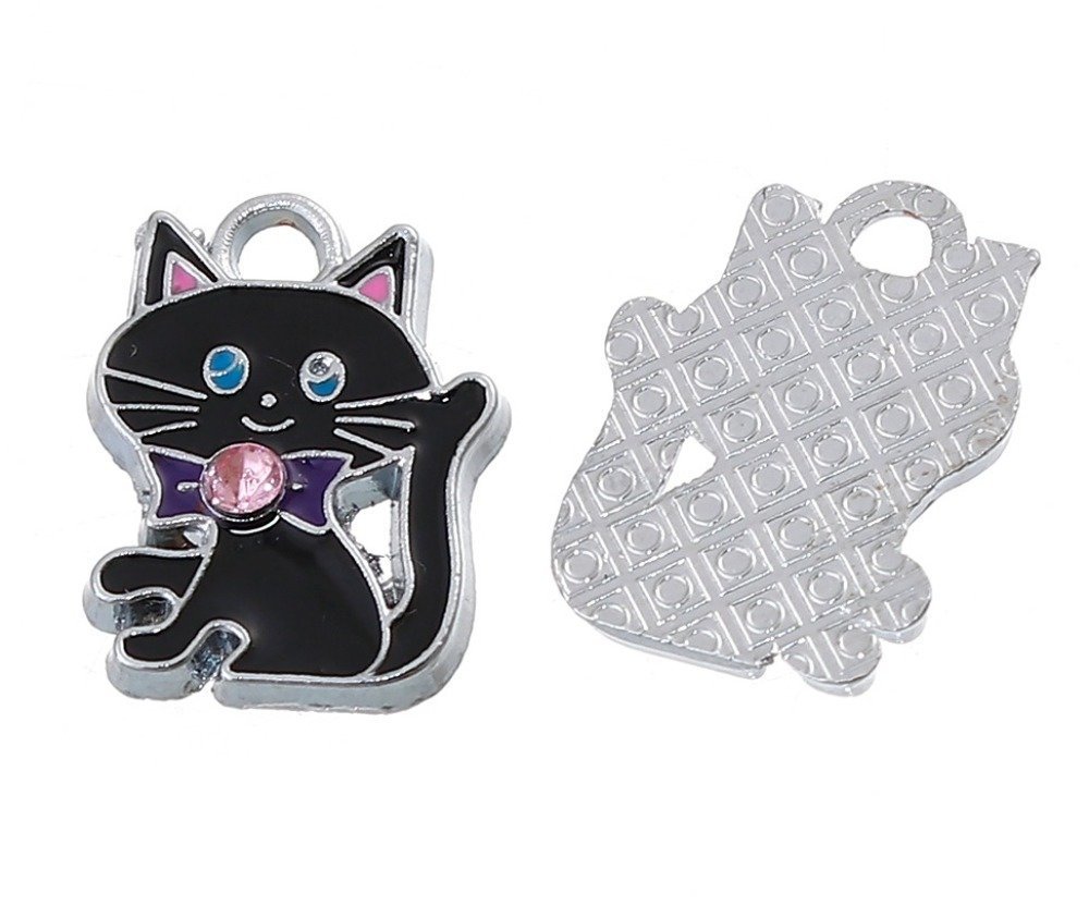 Set van 5 Zink Alloy Cat Charm N°07 Zilver Strass Email 19 mm x 14 mm