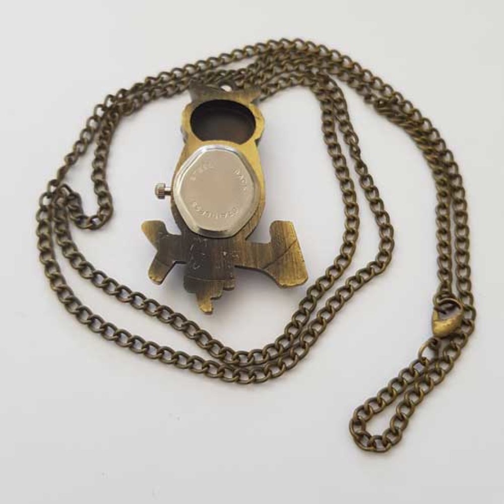 Antiek bronzen uilhorloge met ketting