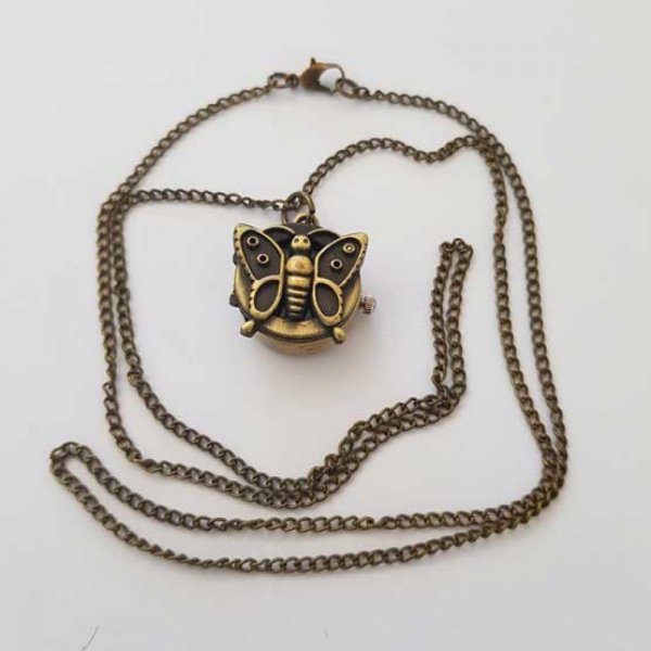 Antiek bronzen vlinderhorloge met ketting