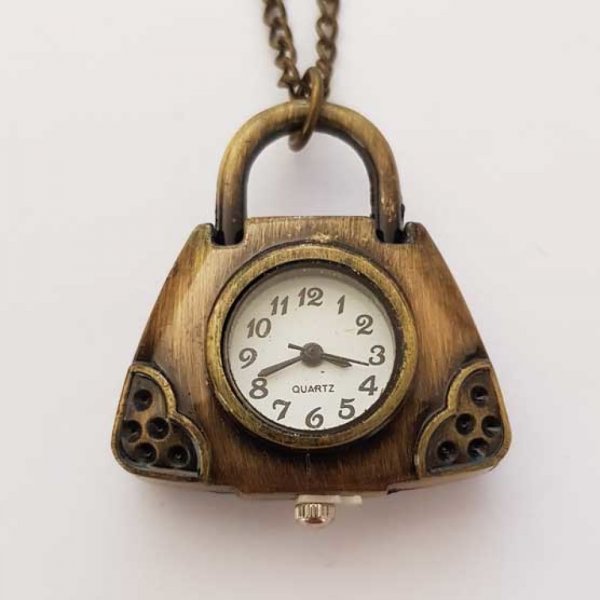 Antiek bronzen zakhorloge met ketting
