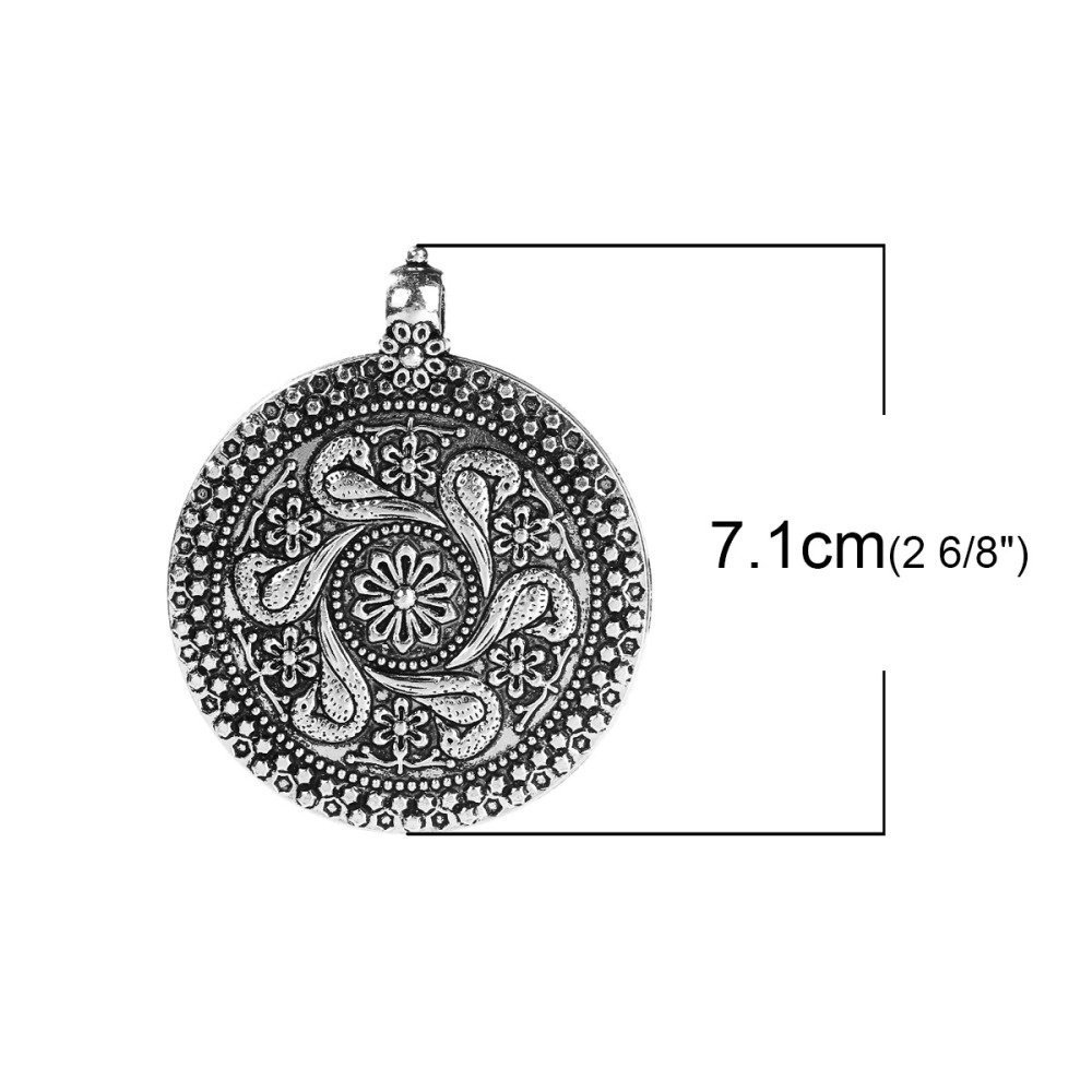 Boheemse stijl ronde legering zilveren bloem hanger 71 mm x 59 mm