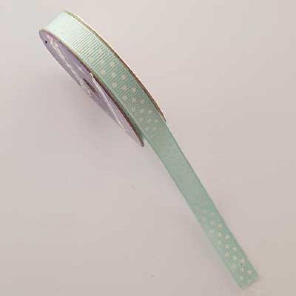 Ruban a pois gros grain turquoise et blanc de 9 mm au m&egrave;tre