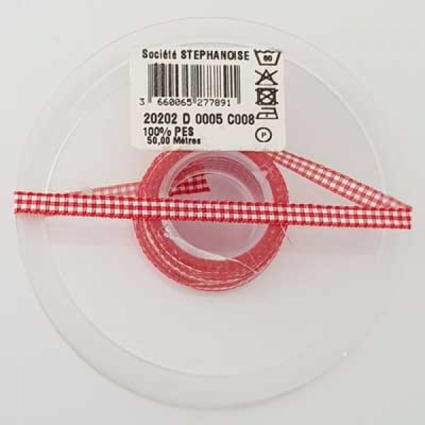 Ruban vichy rouge et blanc de 06 mm au m&egrave;tre