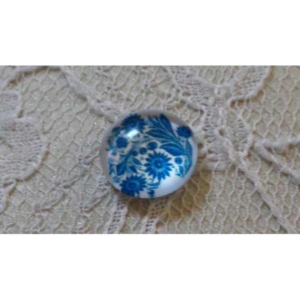 glas cabochon rond 12mm blauwe bloem 001 