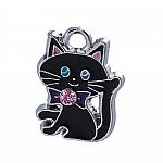 Set van 5 Zink Alloy Cat Charm N°07 Zilver Strass Email 19 mm x 14 mm