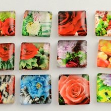 10 glazen cabochons vierkant 20 mm geassorteerd Bloemen S-22-20-17