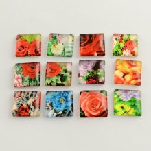 30 glazen cabochons vierkant 20 mm geassorteerd Bloemen S-22-20-17