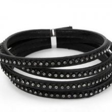 Leer 06 mm Zwart ingelegd met strass steentjes 1 meter