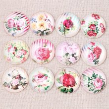 Lot van 20 ronde glazen cabochons 25 mm Roze Bloem