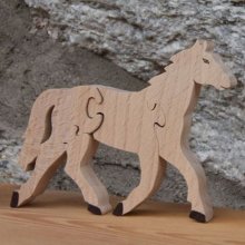 Houten puzzel 4 stukken paardrijden handgemaakt massief hout, boerderijdieren