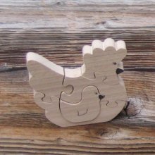 Houten puzzel 5 stukjes kip en haar kuiken massief beukenhout, handgemaakt, boerderijdieren, boerenerf