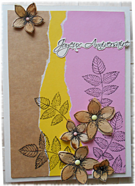 Joyeux Anniversaire cette carte au f&eacute;minin avec son combo jaune marron rose et ses fleurs