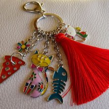 Sleutelhanger kat & muis met rode pompon
