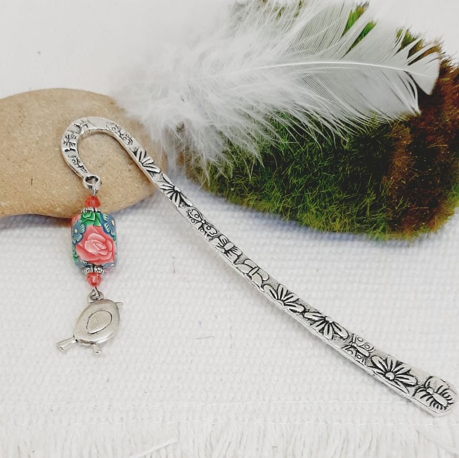 paginamarker pendenitf mollige zilveren vogel en originele parelbuis met subliem rozenpatroon