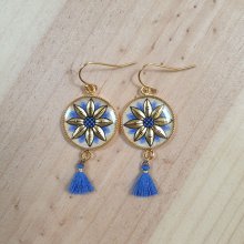 Gouden/blauwe bloem oorbellen